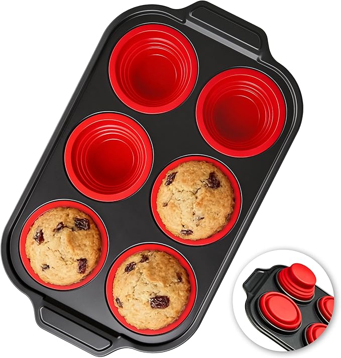 Silicone Muffin Pan for Baking with Metal Reinforced Frame - 6 Cups Regular Size Cupcake Pan Muffin Tins Egg Bite Molds - Nonstick, Easy to Pop, Bakeware for Oven, BPA Free (6-Cups Red)