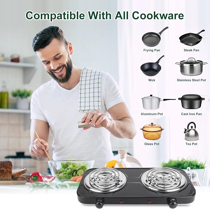 Double Burner Cooktop, 2000W Portable Electric Stove, 5 Level Temperature Control, 6” Heating Coil, Easy to Clean, Power Indicator Lights, Coil Hot Plate for Home Dorm Camping Cooking