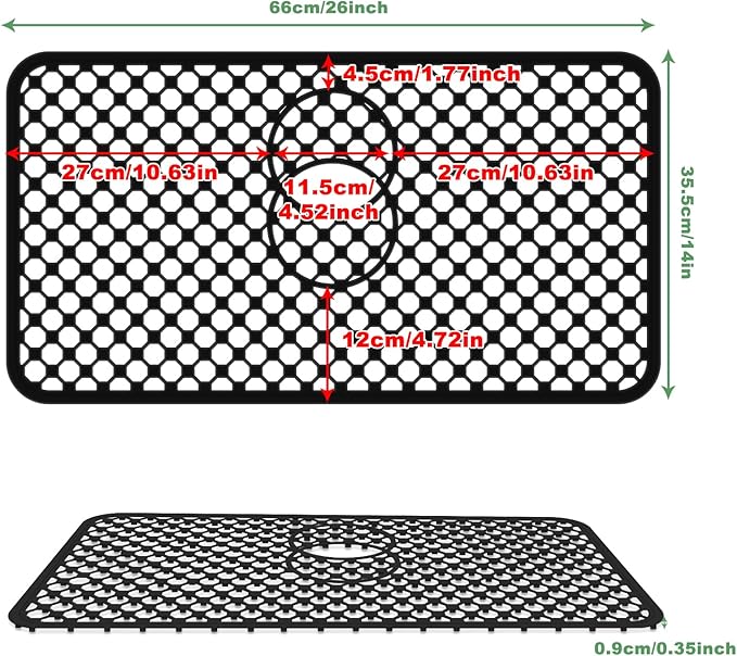 Sink Protectors for Kitchen Sink - Large 26.2"x 14" with Center Drain Hole Heat Resistant Easy Clean Non-slip Silicone Kitchens Sinks Mat for Bottom of Kitchen Sinks Stainless Steel(Black)-66.5x35.6CM