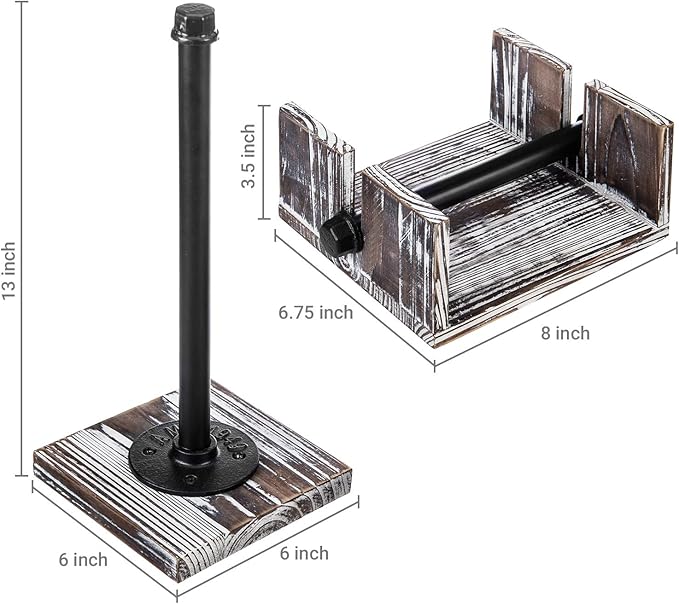 MyGift Paper Towel and Napkin Holder Set, Countertop Torched Wood and Industrial Metal Paper Towel Holder and Flat Napkin Holder with Weighted Arm