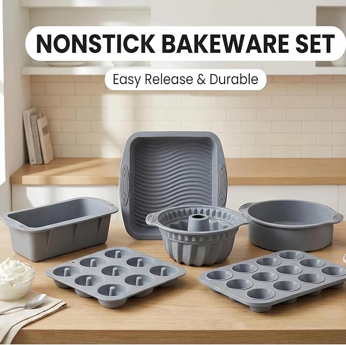Nonstick Silicone Bakeware Set, 6 set Baking Cake Pan, Economical BPA Free Heat Resistant Bakeware Tools for DIY Loaf Bread Cheesecake Pizza Cupcake Muffin (Gray)