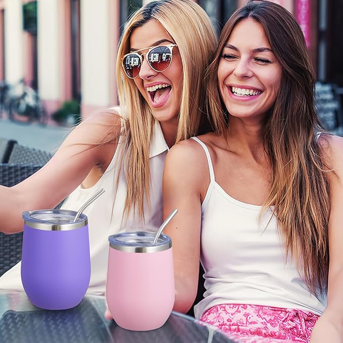 COMOOO Stainless Steel Wine Tumbler Glass Bulk with Lid and Straw 12oz Double Wall Vacuum Insulated Travel Tumbler Cup Stemless for Coffee Wine Cocktails Ice Cream Cup,Purple, 16 pack