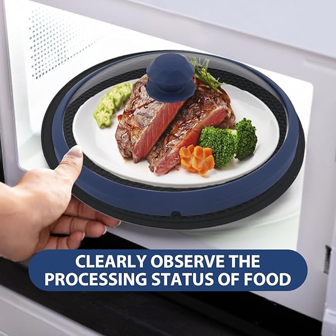 Microwave Glass Cover Splatter Guard Lid with Anti-scald Silicone Handles and Vented Edge for Food Pot Plate Cover 10.5 inch Blue