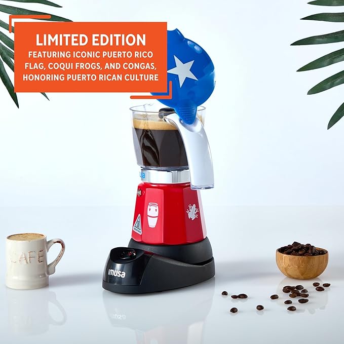 IMUSA Puerto Rico Boricua Flag Espresso Maker 6 Cup or 3 Cup | Limited Edition Moka Pot Coffee Maker | Cast Aluminum & Tritan Stovetop Espresso Machine | Traditional Puerto Rican Boricua Coffee Pot