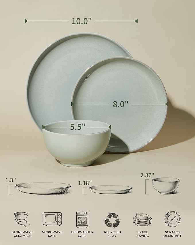Santorini Mist Terracotta Reactive Glaze Plates and Bowls Sets, Stoneware Dinnerware Sets, Microwave and Dishwasher Safe Ceramic Dish Set Service for 4, Slate Green