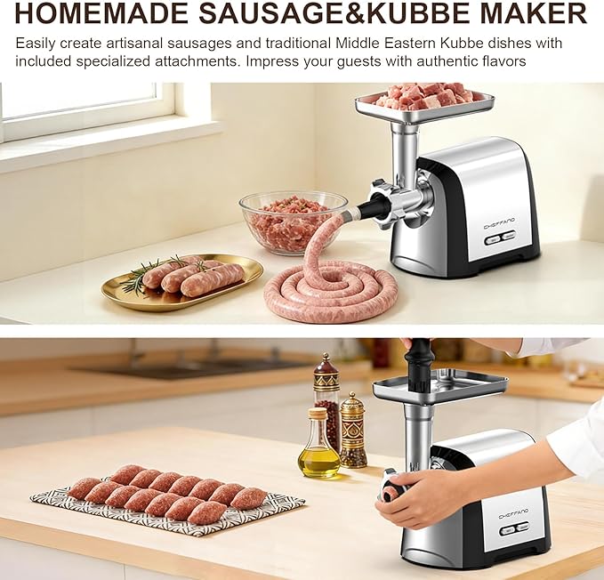 Electric Meat Grinder, 2600W Max 3-IN-1 Heavy Duty Sausage Stuffer with Sausage tube & Kubbe Kit, 3 Grinding Plates 2 Blades for Home Kitchen & Small Commercial Use, Stainless Steel