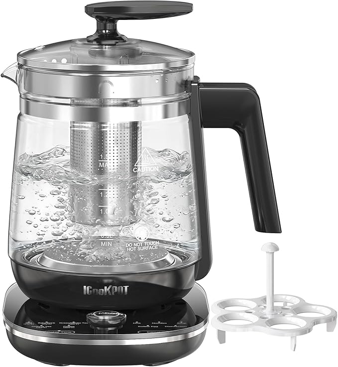1200w Electric Kettle, 1.5L Borosilicate Glass tea kettle, Hot water kettle electric for Coffee or Tea, BPA Free, Auto Shut-Off, Stainless Steel, Fast Boil, Black