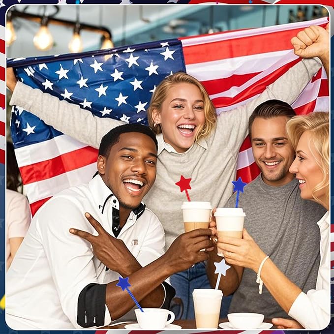 Jansun 100 Pcs 4th of July Patriotic Cocktail Stirrers, Red White and Blue Drink Stirrers Reusable Coffee Stirrers Plastic Swizzle Sticks Stir Sticks for Fourth of July Independence Day Party Supplies