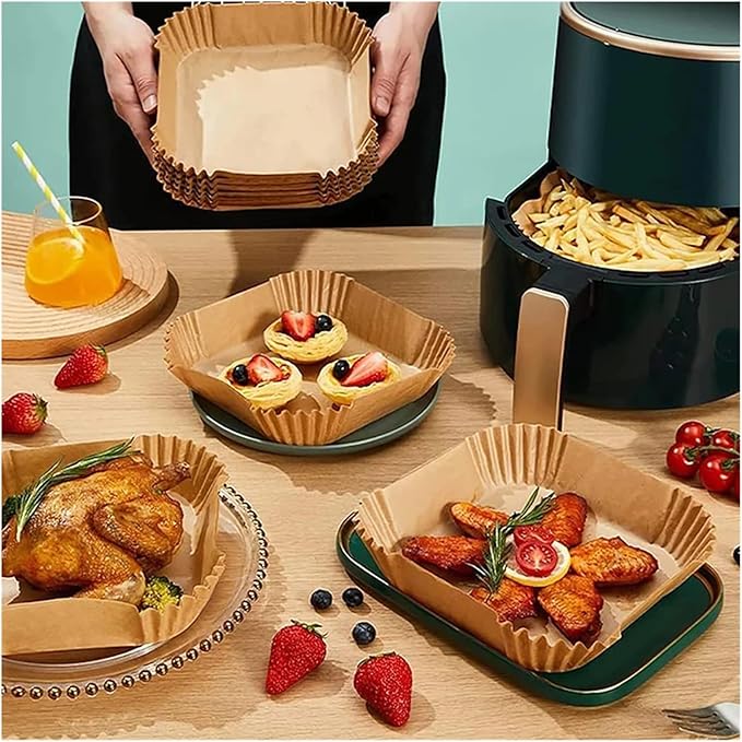 Large Air Fryer Disposable Paper Liners Nonstick 23cm Oven Airfryer Parchment Baking Paper ，Compatible For Ninja，Compatible For COSORI ，Grill Cooking Basket(23cm square,100 Pcs)