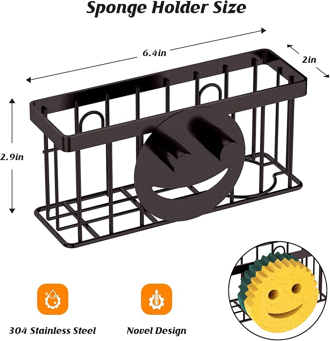 Sponge Holder Smiley Face,Sink Caddy for kitchen Sink, Kitchen Organizer Sponge Holder with 2 PCS Suction Cups/1 PCS Adhesive Strips,Designed for Sponge,Soap,Dish brush,Scrubber-Bronze
