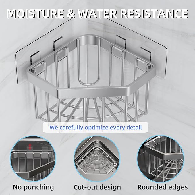 Wall Mounted Sink Caddy Organizer, Carbon Steel Kitchen Sponge Holder with 2 Adhesive Hooks, Triangular Drain Rack, 5.27x5.27x3.54 Inch (Grey)