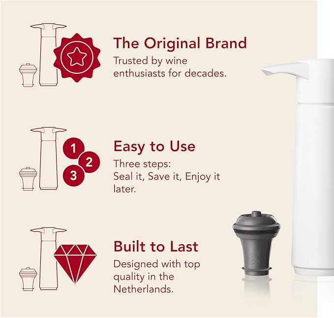 Vacu Vin Original Wine Saver with 1 Vacuum Bottle Stopper – Wine Preserver Pump for Red or White Wine – Manual Air Remover System – Airtight Seal – Keep Wine Fresh Longer – White