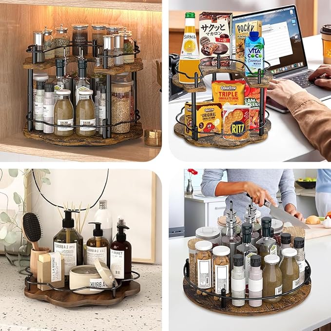 12" Wood Lazy Susan Rotating Spice Rack Spice Turntable Organizer for Kitchen Countertop Pantry and Cabinet Cupboard (B Style, 2 Tier)