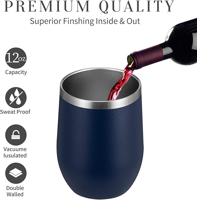 MEWAY 12oz/12 Pack Wine Tumbler Glasses with Lid -Double Wall Vacuum Stainless Steel Travel Tumbler Mug,Stemless Insulated Wine Cup for,Coffee,Cocktails,Gifts (Navy,Set of 12)