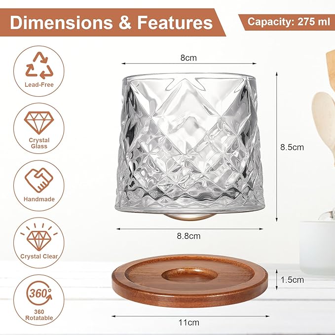 Rotatable Old Fashioned Glass, 275ml/10oz Crystal Whiskey Glass Set of 4, Wood Coaster, Thickening, Used as Rum Glass, Cocktail Cup, Coffee Cup, Milk Cup to Relax and Reduce Stress, Christmas gifts