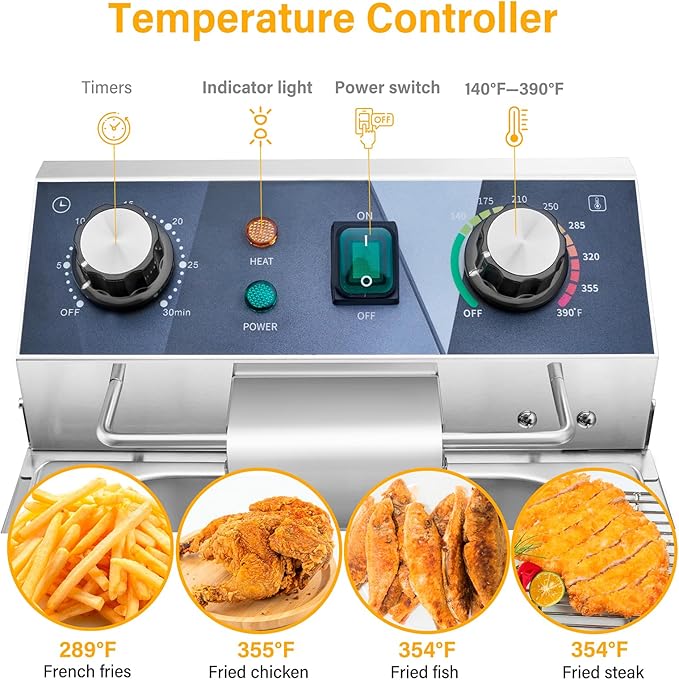 WaterElfo Electric Deep Fryer - 13L 13.7QT Commercial Deep Fryer 1800W 120V18.7Pounds withTroperature Control and Timer Large Basket Fryer for Commercial and Domestic Kitchens