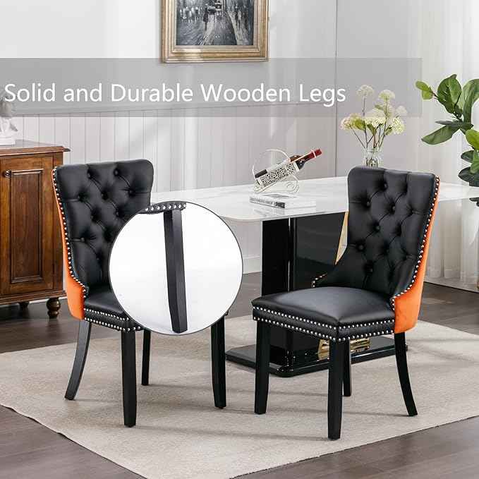 Dining Chairs Set of 2, Upholstered Dining Room Chairs with Back Ring Pull Trim and Solid Wood Legs, Modern Tufted Kitchen Chairs Perfect for Dining Room, Black Pu Leather Splicing Orange Velvet
