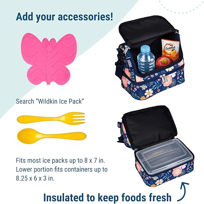Wildkin Kids Two Compartment Insulated Lunch Bag – Keeps Food Hot or Cold, Easy-Clean Lining, Leak-Resistant & BPA-Free – Boys & Girls, Ideal for School, Travel & Daycare – Wildflower Bloom