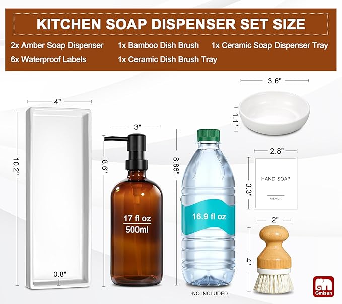 GMISUN Dish Soap Dispenser, 16 Oz Kitchen Soap Dispenser Set with Ceramic Tray & Bamboo Brush, 2 Pack Thick Amber Glass Soap Dispenser, Farmhouse Refillable Hand and Dish Liquid Soap Pump Bottle Set