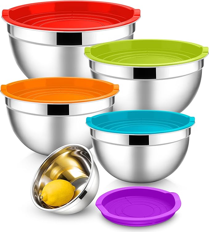 E-far Mixing Bowls With Lids Sets of 5, 10-Piece Stainless Steel Salad Metal Nesting Bowl for Baking Cooking and Prepping, Airtight Lid & Stackable Design, Size 4.6, 3, 2.1, 1.5, 0.7 QT, Colorful