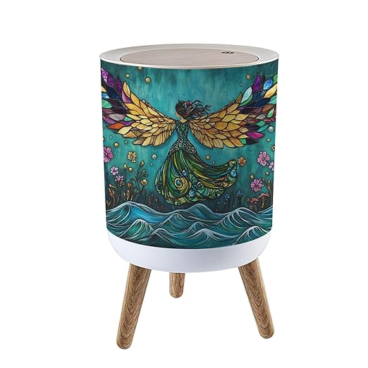 Trash Can with Lid Hypnotic Fairy Dance Hue Glass Press Top Round Small Garbage Bin with Wooden Legs Waste Basket for Kitchen Bedroom Nursery 7L/1.8 Gallon