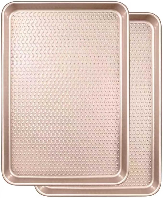 Wildone 2 Pack Half Sheet Baking Pans, Honeycomb Embossed Nonstick Baking Sheet 17.5x12 In, Thicker Carbon Steel Cookie Sheet, Even Heating & Warp Resistant, Rose Gold