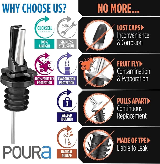 3-in-1 Liquor Pour spout with Built-in Fruit Fly Protection - Dishwasher Safe Hygienic Alcohol Speed Spouts - Also for Olive Oil, Juice, Syrup. Black 12 Pack with 2 Adapters for Large Neck Bottles