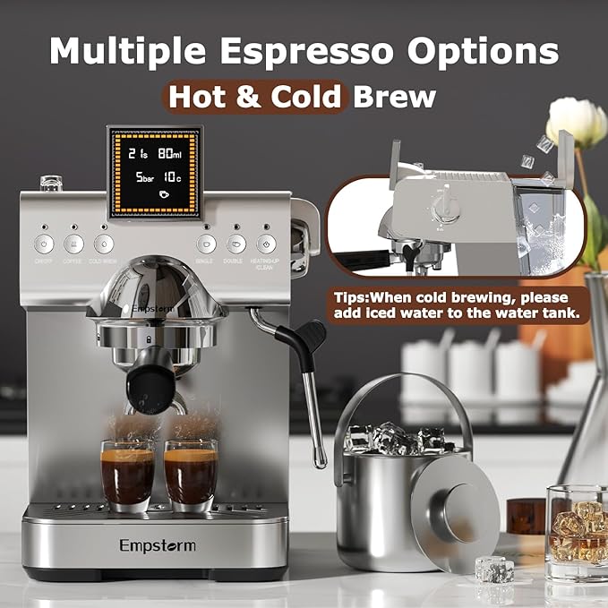 20 Bar Espresso Machine Stainless Steel Espresso Maker with Milk Frother with LED Display, 2 IN 1 Hot& cold brew coffee maker, Coffee Machine 50oz Water Tank, for Home Barista Cappuccino Latte