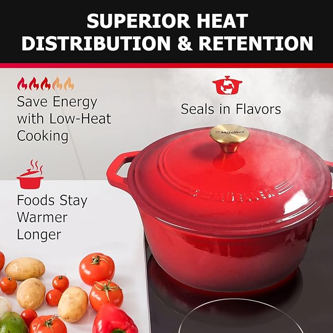 MUELLER HOME 4.5 QT Enameled Cast Iron Dutch Oven, Heavy-Duty Casserole Dish and Braiser Pan with Lid and Stainless Knob, Oven-Safe up to 500° F & Across All Cooktops, Red