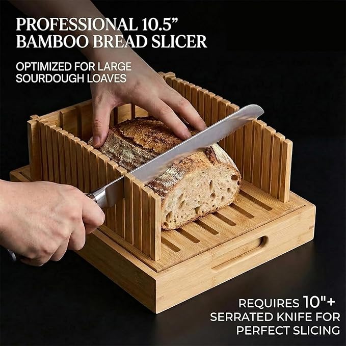 Bread Slicer For Homemade Bread, Adjustable Bamboo Bread Cutter Board, Foldable Slicing Guide With Crumb Tray, 3 Width Settings, 2 Slice Thicknesses, Artisan Loaves, Bagels, Cakes