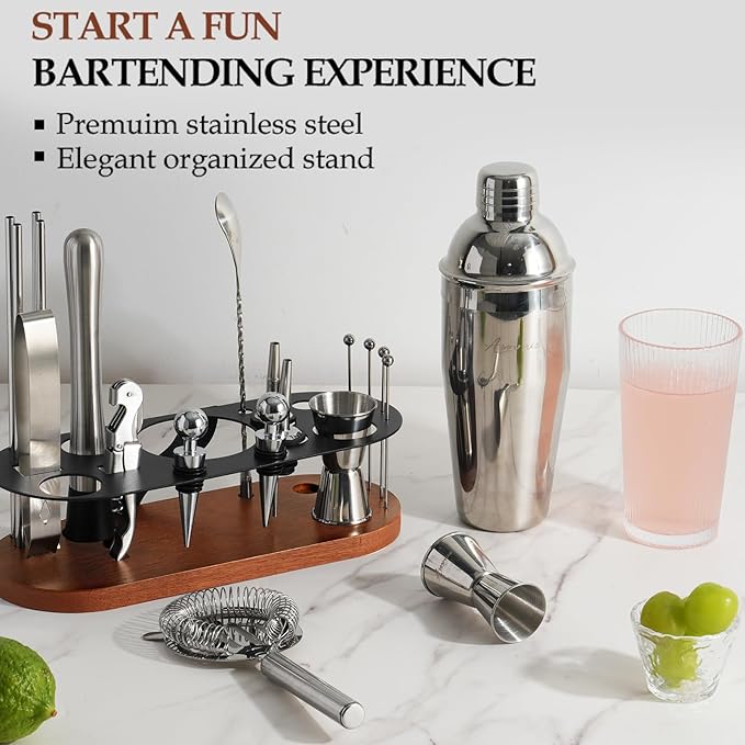 23-Piece Bartender Kit, Cocktail Shaker Set with Stand | Bar Set Drink Mixer Set with All Essential Bar Tools: Martini Shaker,Bar Mixer Spoon, Jigger, Strainer, Muddler, Pourers, for Home, Bar, Party