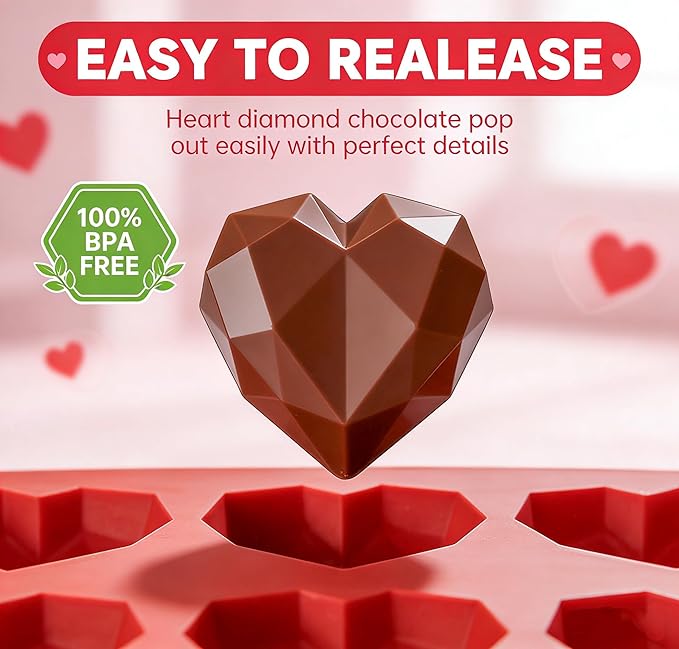 3D Diamond Heart Silicone Molds 2 Pack 12-Cavity Valentine Love Shape for Hot Cocoa Bombs, Chocolate, Cake, Soap, Jelly, Candy, Ice Cube DIY Baking & Party Gift Making