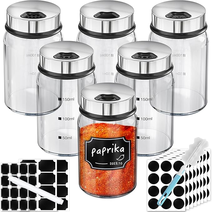 Segarty Spice Jars with Labels, 6 Pack 5oz Glass Spice Containers with Lids, Empty Clear Salt Shakers for Kitchen Condiment Storage, Spice Bottles Set with 136 Stickers, 1 Marker Pen and 1 Brush