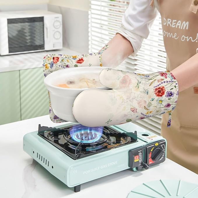 Watercolor Florals Oven Mitts and Pot Holders Sets Silicone Wildflowers Kitchen Oven Mitts Hot Pads Heat Resistant Colorful Flowers Butterfly Potholders Kitchen Mitts Set for Baking Cooking