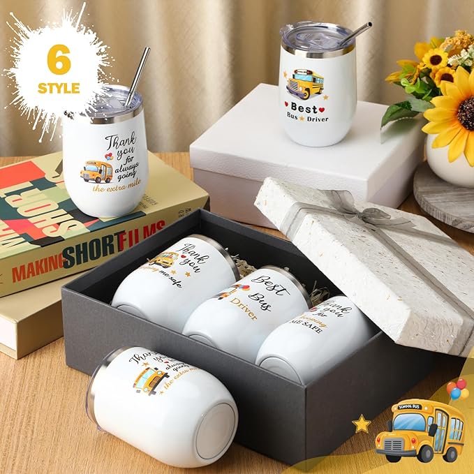 Layhit 6 Pcs School Bus Driver Appreciation Gift Cups Bulk Graduation Gifts for Bus Driver Tumblers 12 oz Stainless Steel with Lids and Straw Back to School Drivers Appreciation Gifts