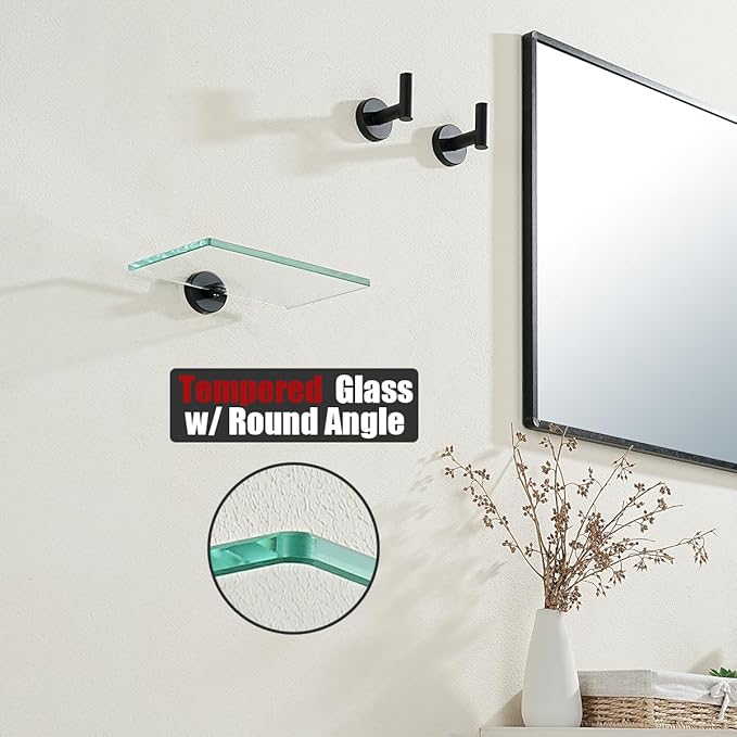 JQK Bathroom Glass Shelf Black, Tempered Glass Shower Storage 8 by 5 inches, 304 Stainless Steel Matte Black Wall Mount, TGS101L8-PB