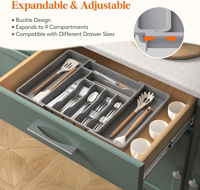 Lifewit Utensil Organizer for Kitchen Drawers, Expandable Utensil Organizer for Kitchen Drawers, Plastic Kitchen Spatula Tools and Gadgets Storage Divider