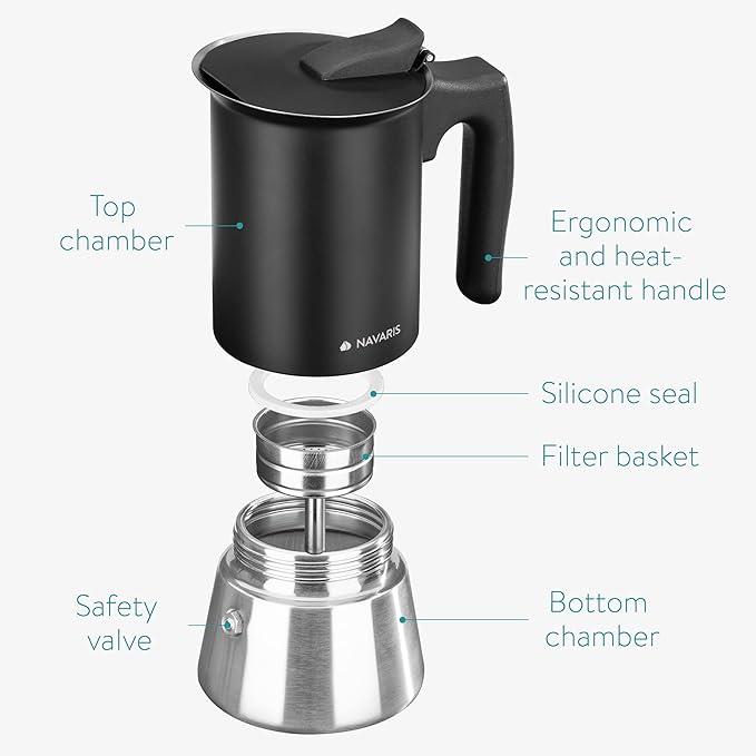 Navaris Moka Coffee Pot - Percolator Espresso Maker for Stovetops Induction Gas Electric Stove Hob - Stainless Steel Percolated Coffee Pot - 10 fl oz
