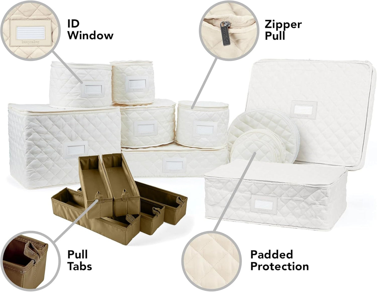 Covermates Keepsakes - Dish Storage Set - Padded Protection - ID Window - Stain Resistant - Machine Washable - China Storage, Cream