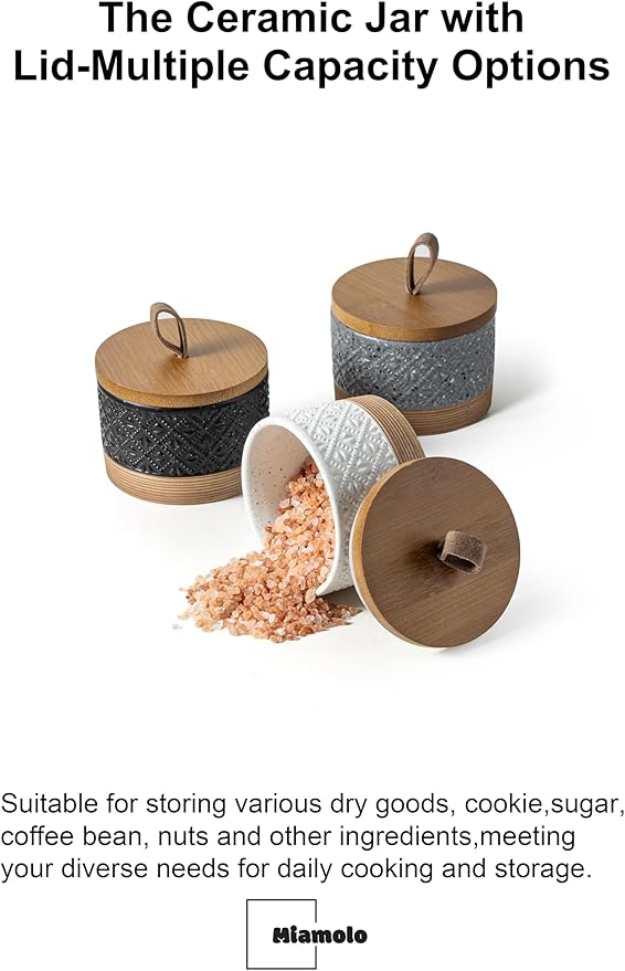 Miamolo Mini Ceramic Jars with Airtight Lid, Coffee Container Canister Kitchen Food Storage Jar with Lid for Spice Sugar Tea Bag, Stackable Decorative Jars for Countertop, Pantry, Black & 5 fl.oz