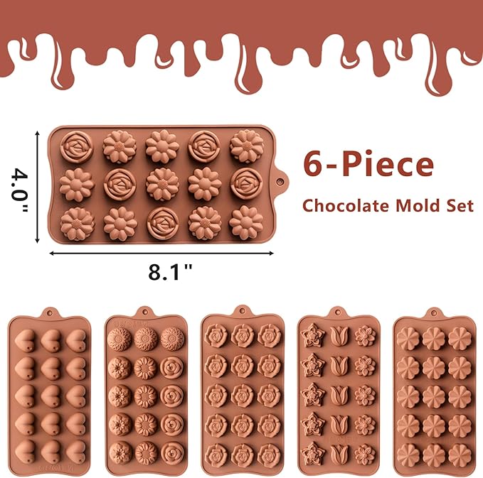 6 Pack Flower Shape Chocolate Candy Molds Silicone, Food-Grade Non-Stick Jelly & Baking Molds, Crayon Molds, BPA-Free, Including Heart, Rose, Tulip, Daisy, Sunflower, and Other Flowers (Brown)
