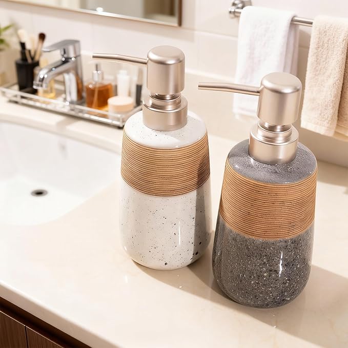 Hand Soap Dispenser, Ceramic Liquid Soap Dispenser for Bathroom Countertop Dish Hand Soap Dispenser for Kitchen Sink, Bathroom Lotion Bottle Dispensers Boho Kitchen Home Decor,15 OZ Grey