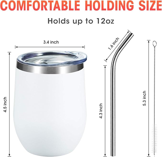 COMOOO Stainless Steel Wine Tumbler with Lid and Straw 12oz Double Wall Vacuum Insulated Wine Tumbler Cup for Coffee, Wine, Cocktails, Champagne (Black White Silver and Rose Gold,12 Pack)