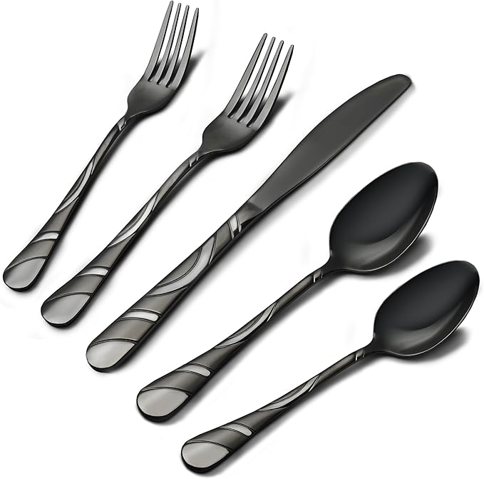Black Silverware Set for 12, 18/0 Stainless Steel Frosted & Mirror Finish 60-Piece Flatware Set, Modern Cutlery Set for Wedding Restaurant Housewarming Party Event Serving For 12
