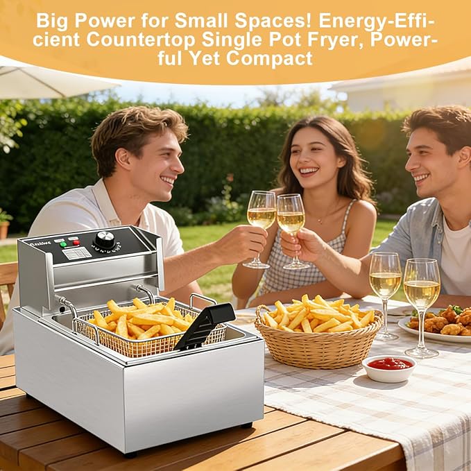Electric Deep Fryer 10L/10.5QT Stainless Steel Single Tank Commercial Fryer with Basket, 1700W 110V Countertop Deep Fryer for Home Kitchen and Restaurant Use with Oil Thermometer & Temperature Control