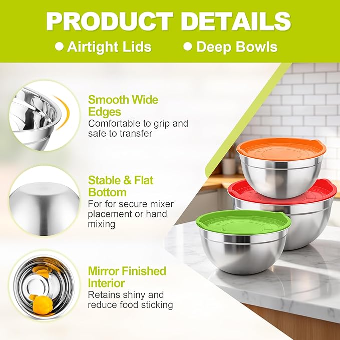TeamFar Mixing Bowls, Stainless Steel Nesting Salad Bowls with Airtight Lids Set, For Serving/Mixing/Storing, Healthy & Long-lasting, Dishwasher Safe & Easy Clean, 4.6/3 / 1.5 QT, Colorful