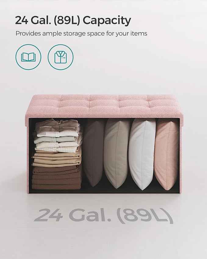 SONGMICS Mazie Collection - 30 Inches Folding Storage Ottoman Bench, Ottoman Foot Rest, End of Bed Bench, Storage Chest, Load 660 lb, for Living Room, Bedroom, Entryway, Jelly Pink ULSF047R11