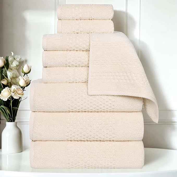 Superior Playa Zero Twist Cotton Medium Weight Towels, for Guest Bath, Bathroom, Shower, Spa, Plush, Quick Dry, Ultra-Soft Towels, Bath Essentials, Waffle Textured, 9 Piece Assorted Towel Set, Ivory
