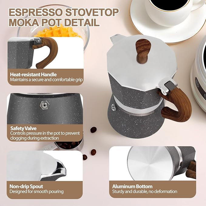 Aluminum 3 Cup 150ml Moka Pot Express Coffee Maker Stovetop Espresso Colorful Coffeemaker Italian Classic Style Brewing Greca Cafe Mocha Machine for Cafeteras Lover Camping Travel and Home Use 5oz