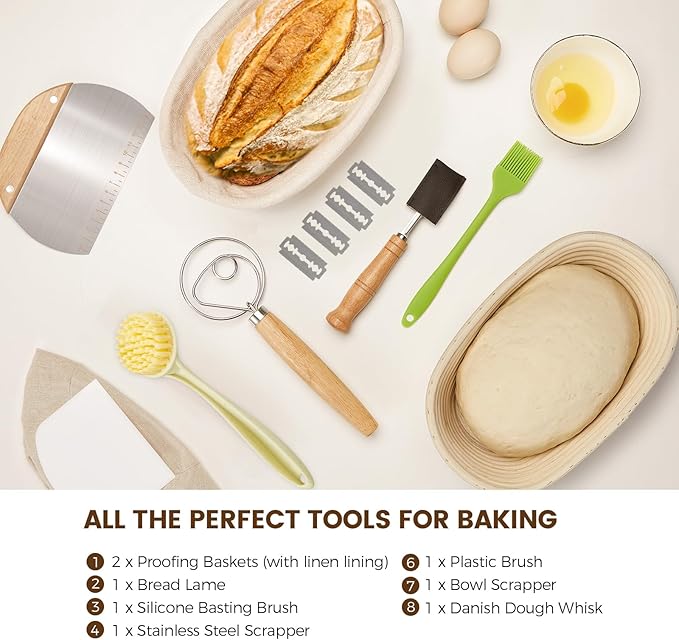 Banneton Bread Proofing Basket - Sourdough Starter Kit Banneton Sourdough Proofing Basket Set of 2, Sourdough Bread Baking Supplies for Making Baking Fermentation (10" Oval Set of 2, 6 Accessories)